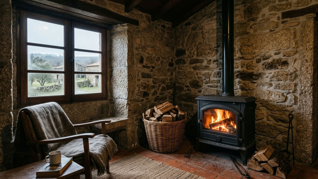 Old stone house in Portugal being heated with a wood stove during winter