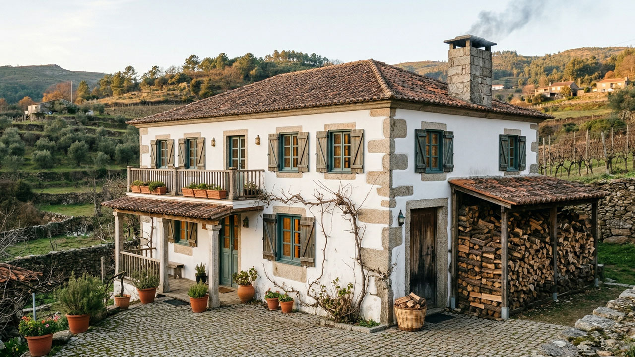 Traditional rural house in Portugal with wood stove heating
