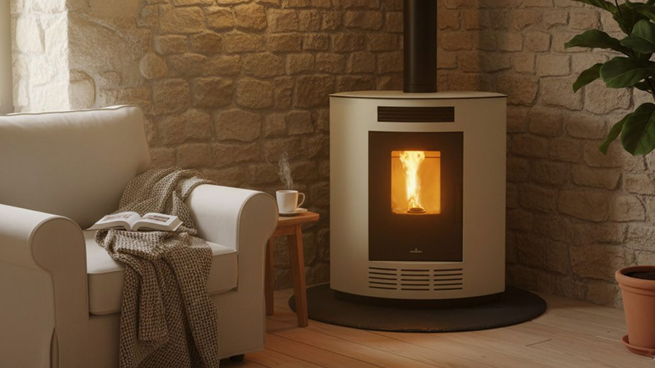 Modern pellet stove heating a living room in Portugal