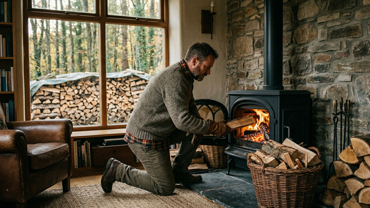 Wood stove burning firewood inside a Portuguese home during winter