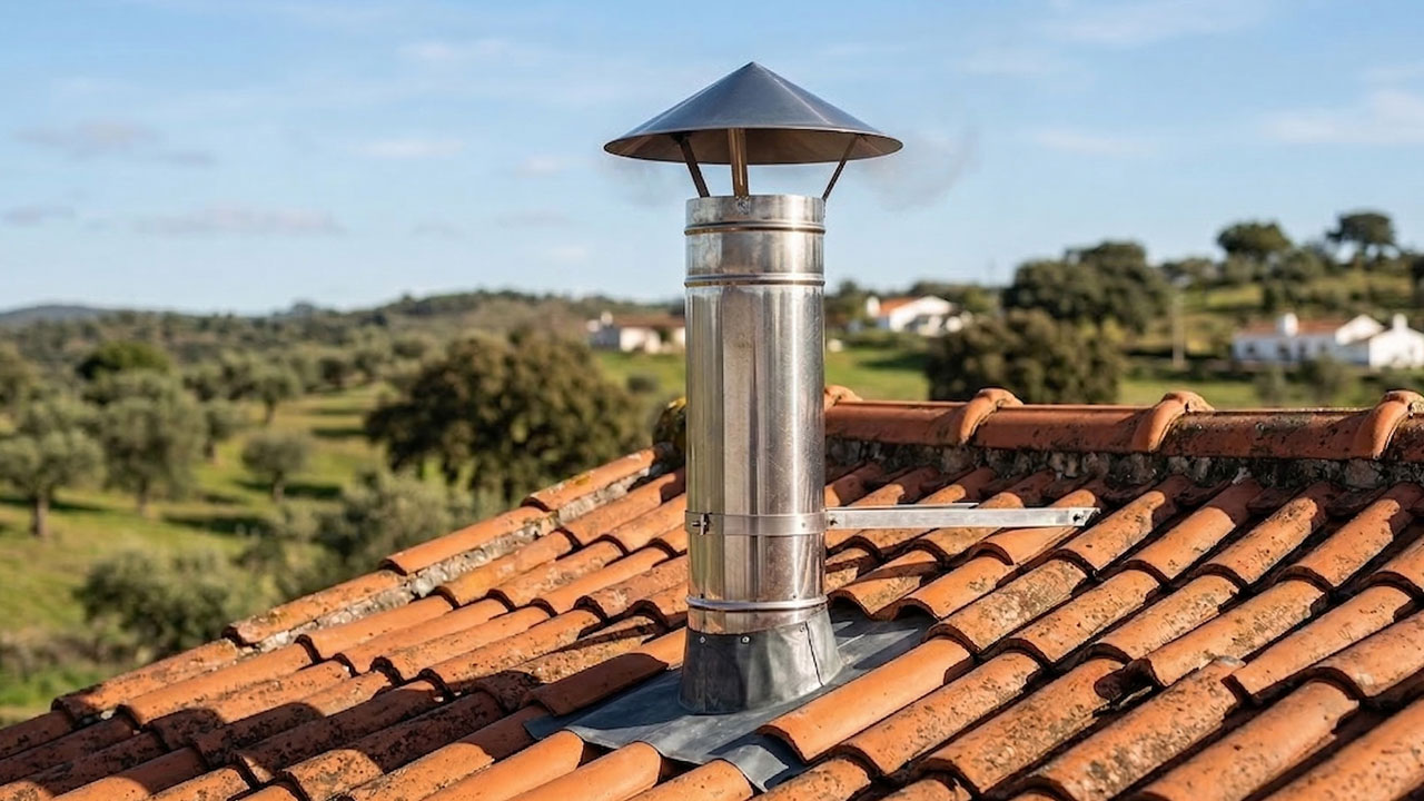 Stainless steel chimney installed for a wood stove in a Portuguese home