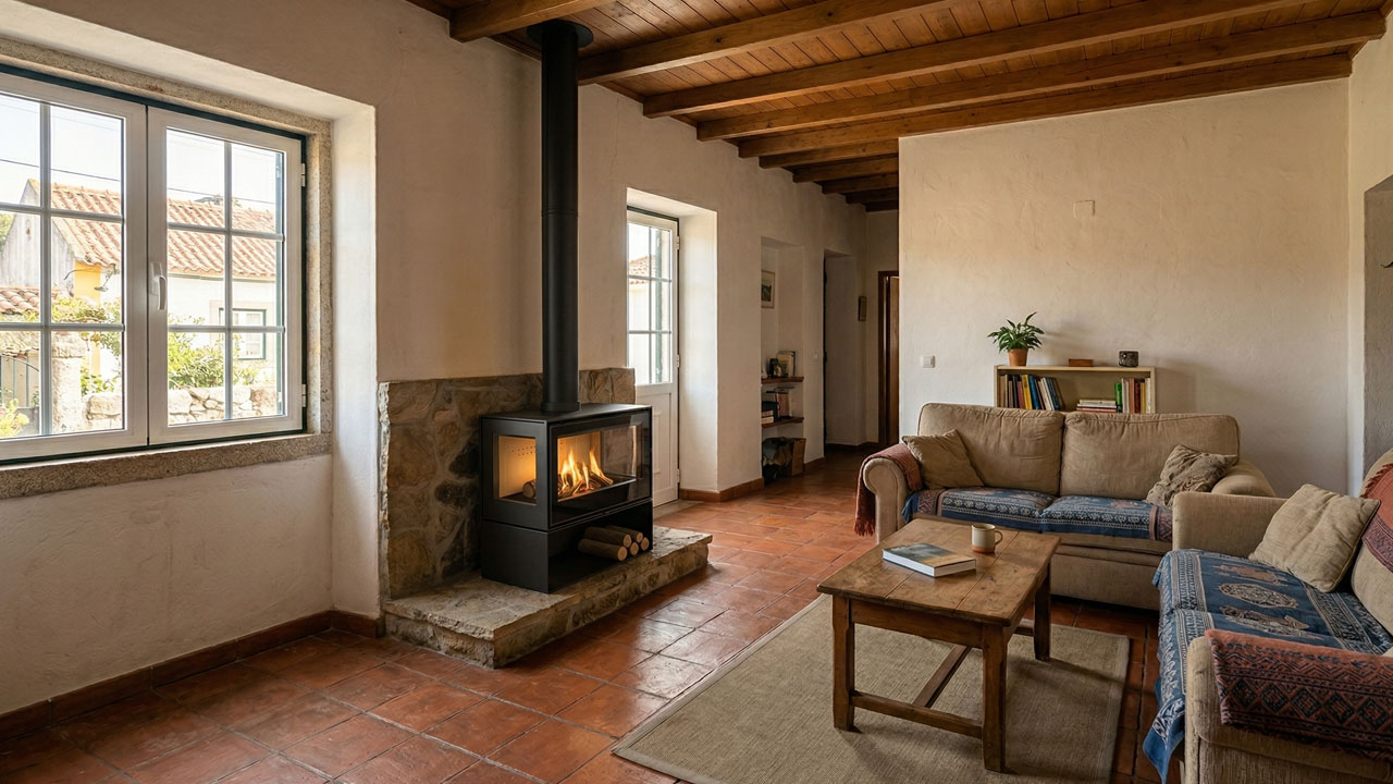 House in Central Portugal with a wood stove heating a living area