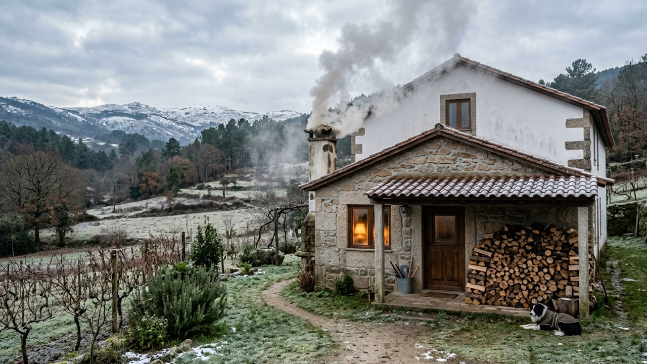 House in Northern Portugal being heated with a wood stove during winter