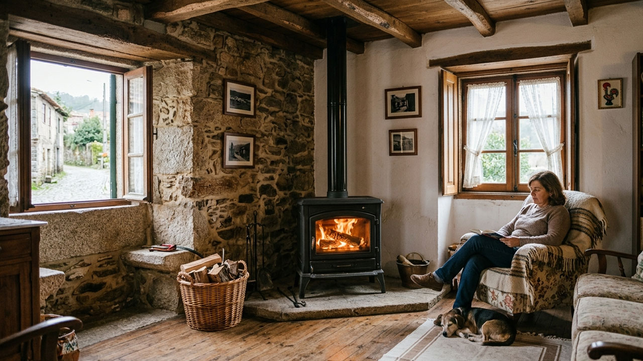 Old Portuguese house with wood stove heating in a living room
