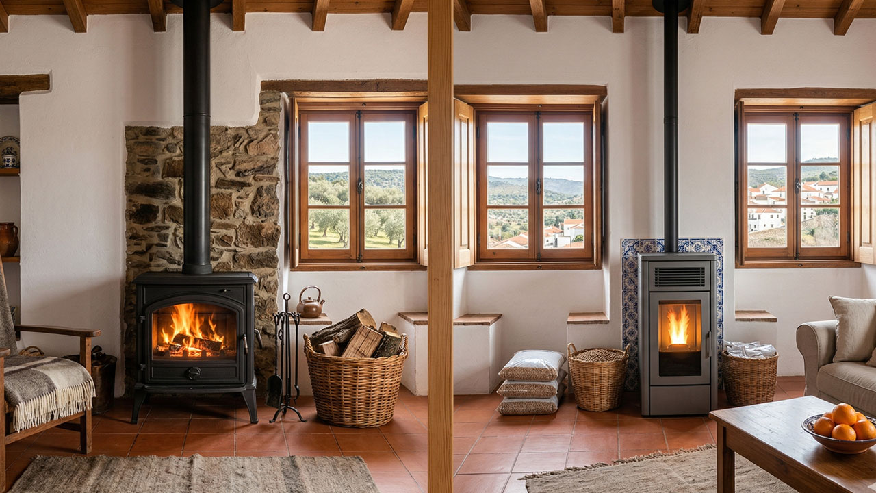 Pellet stove and wood stove comparison in a Portuguese home setting