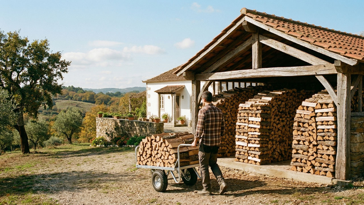 Stacked firewood stored outdoors in a ventilated wood storage area in Portugal