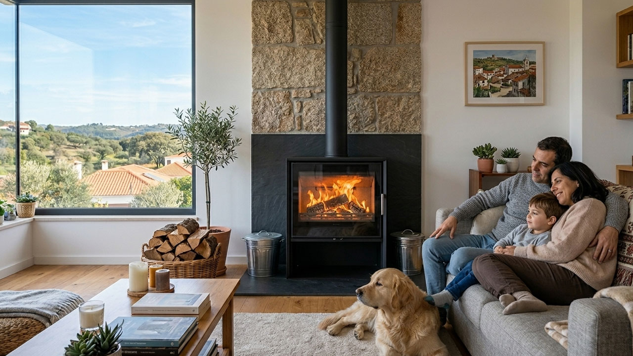 Modern wood stove heating a living room efficiently in Portugal