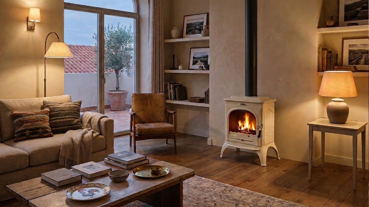 Wood stove heating a living room in a Portuguese home during winter