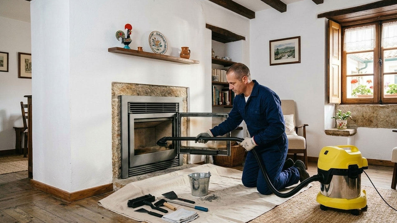Cleaning and maintaining a wood stove in a Portuguese home