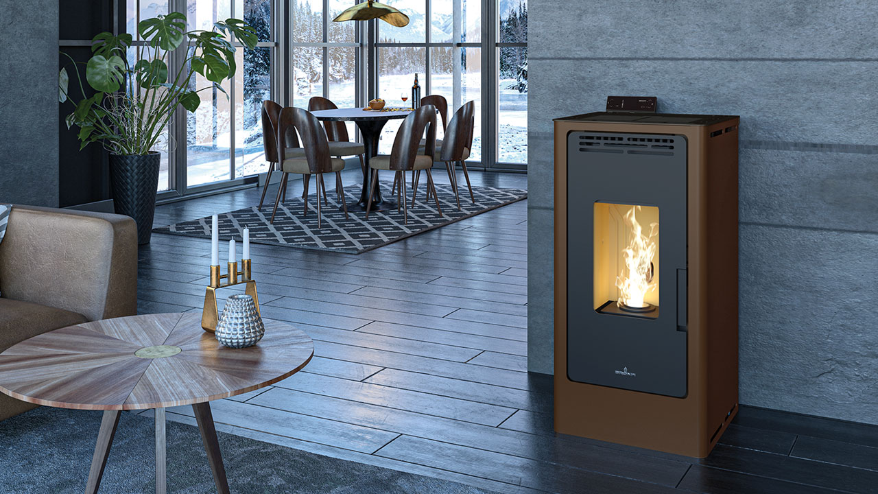Pellet stove heating an open-plan living area in a Portuguese home