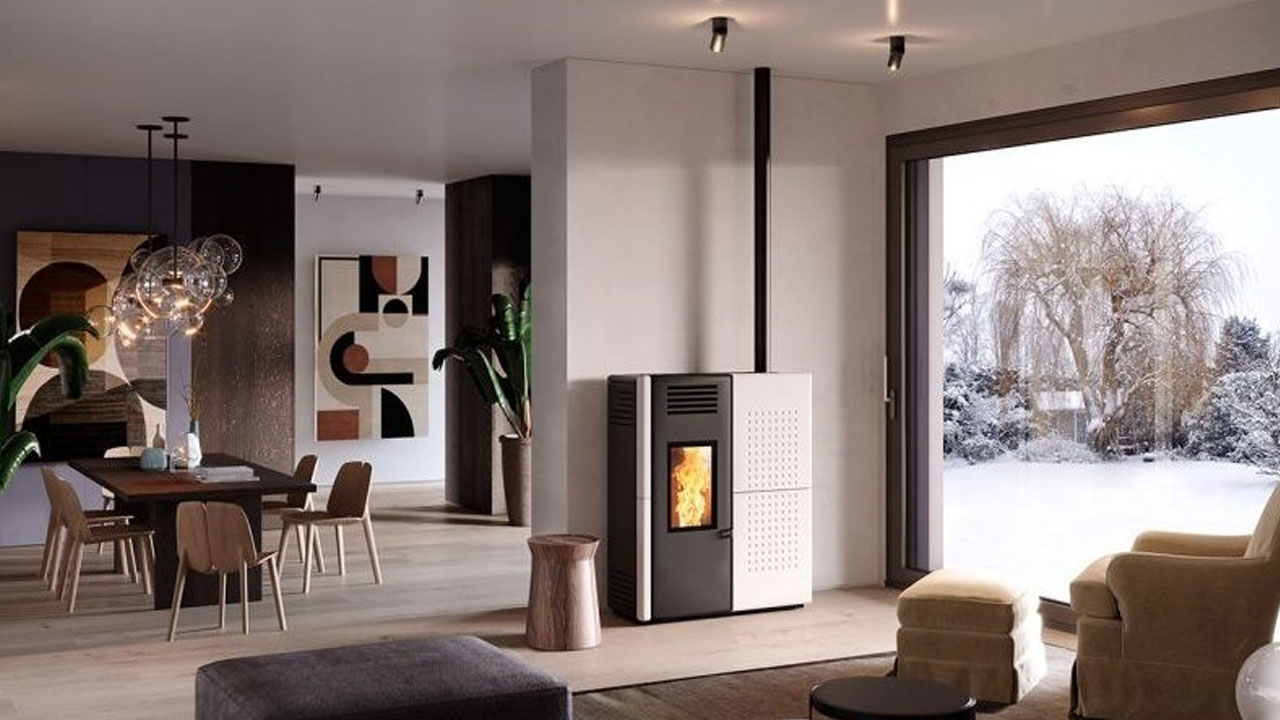 Pellet stove connected to a flue system in a Portuguese home